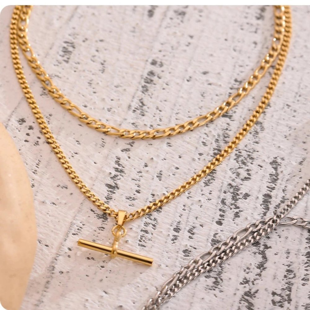 NEW 18K Gold Plated Double Layer Link Chain Bar Drop Necklace - Picture 1 of 4